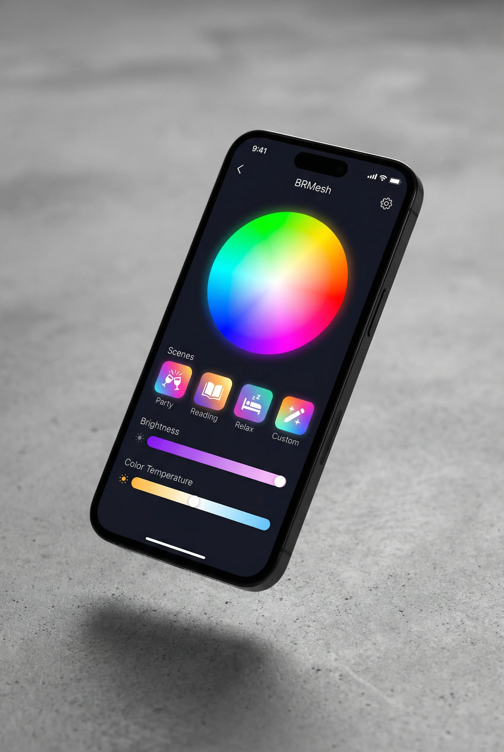 BRMesh app smart control interface on smartphone showing color picker and scene controls