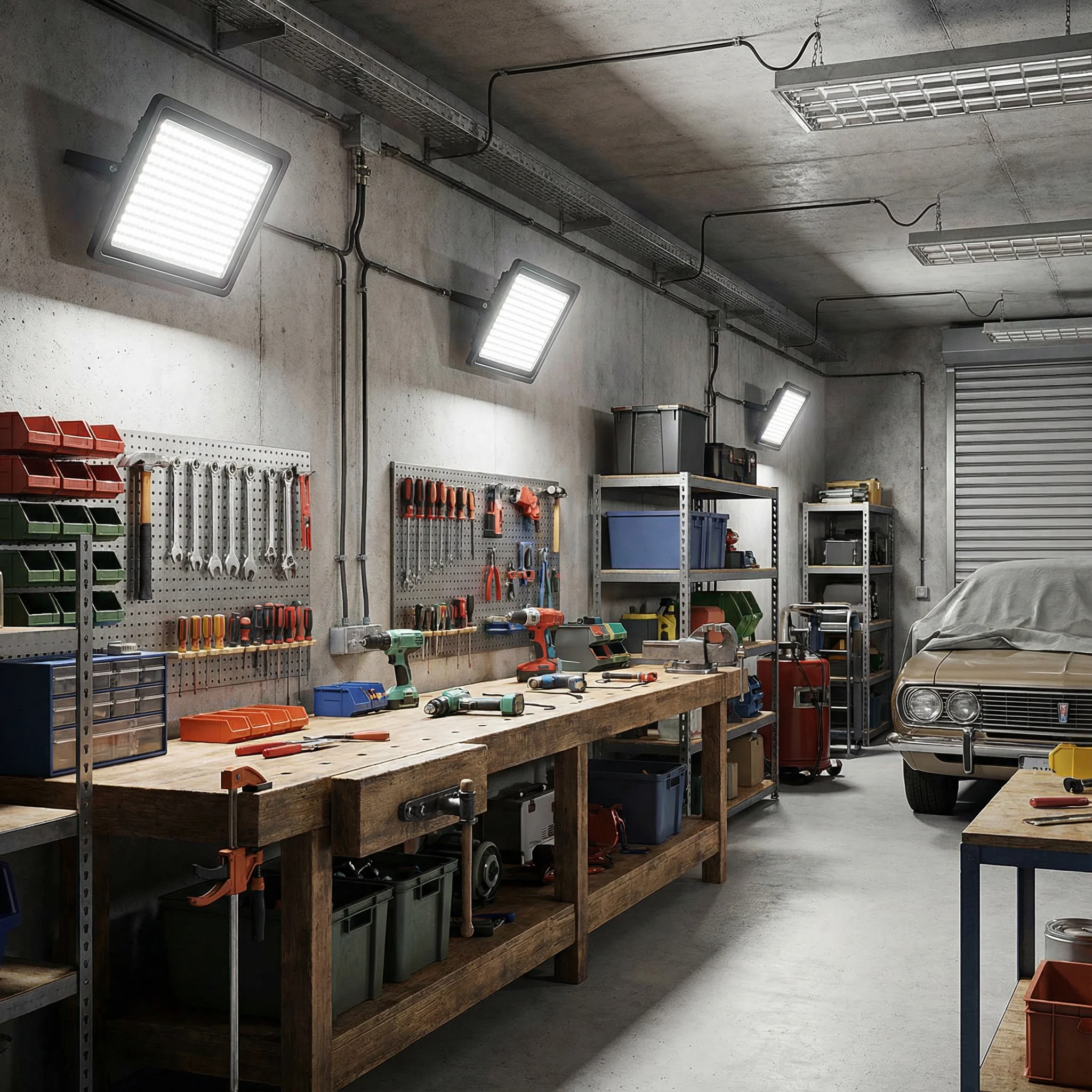 Garage workshop illuminated with BRMesh LED flood lights