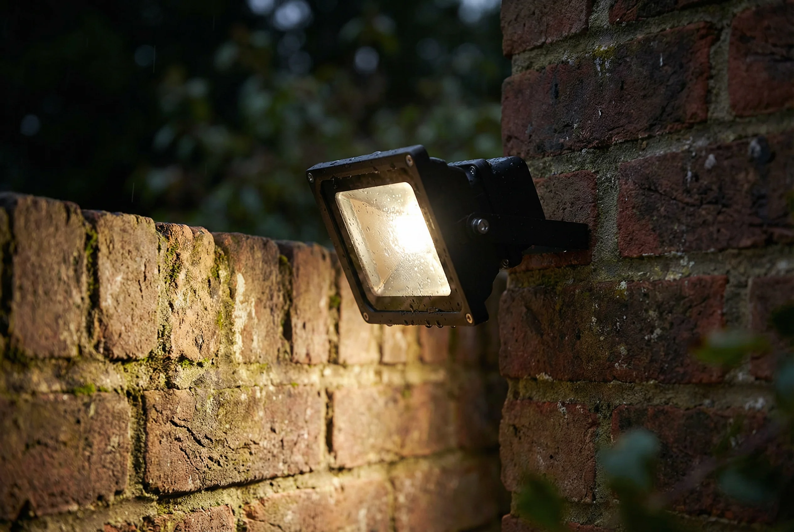 BRmesh RGBW LED flood light washing a textured brick wall with warm white light