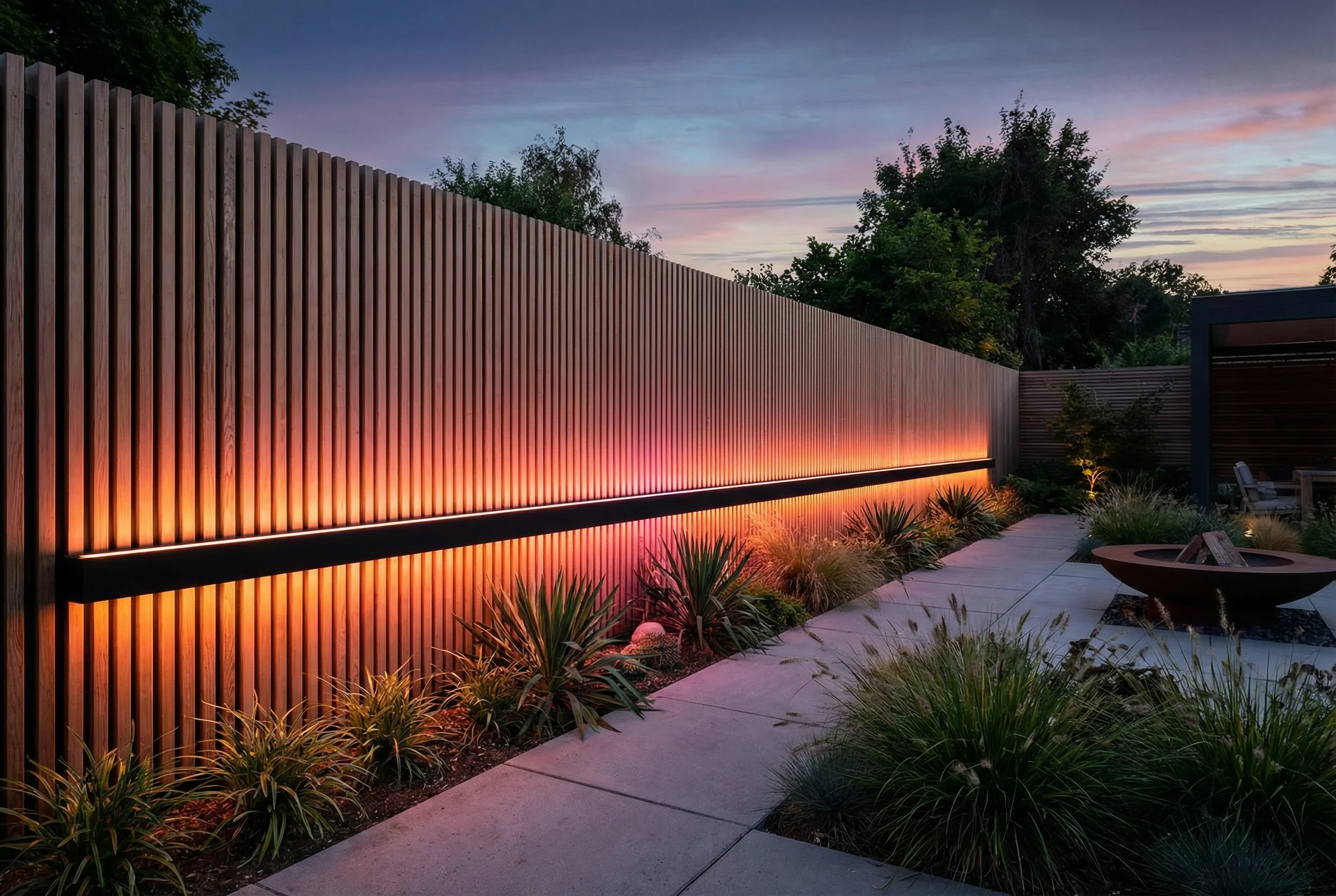 BRmesh LED light bar casting a colorful gradient graze light up a wooden fence
