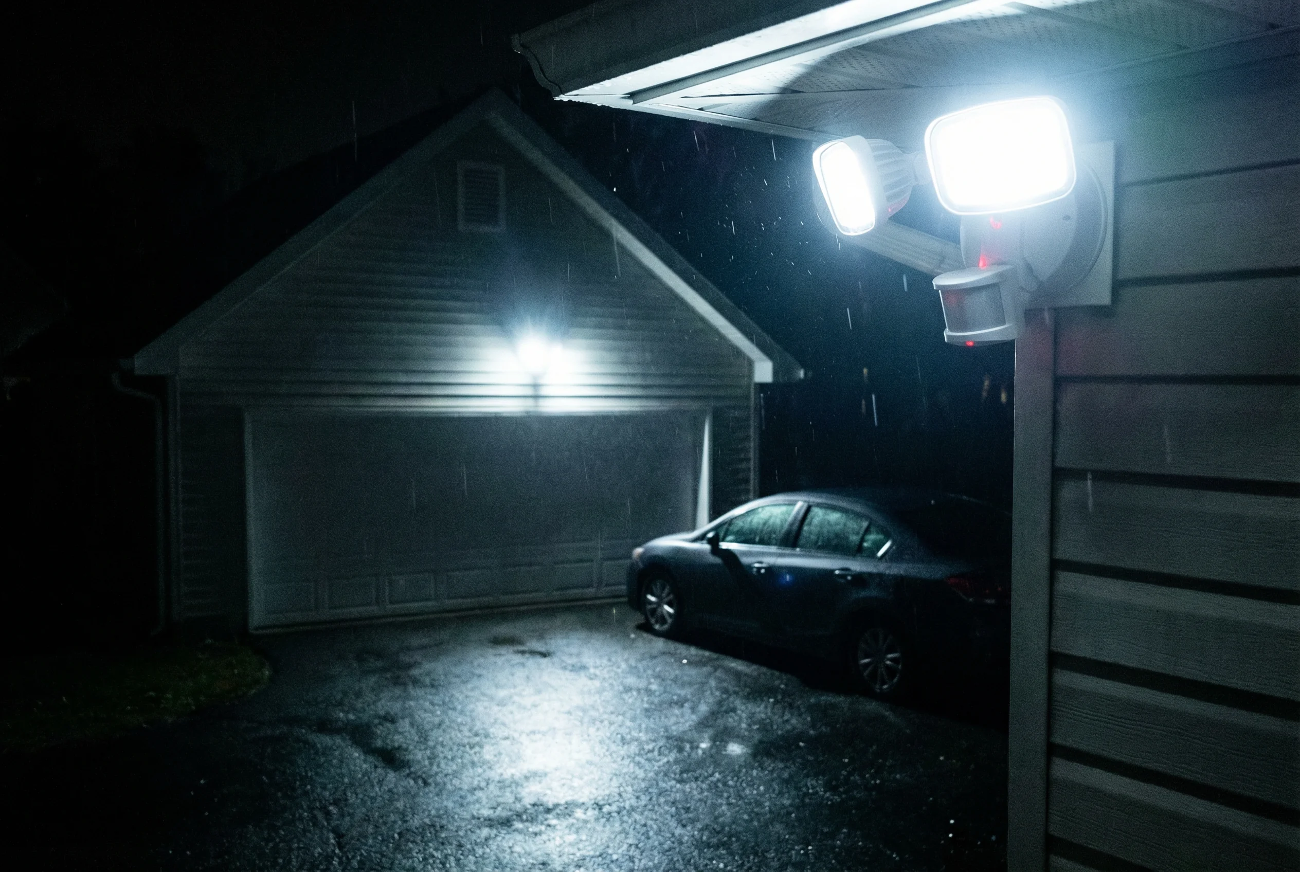 BRmesh motion sensor security light illuminating a driveway at night