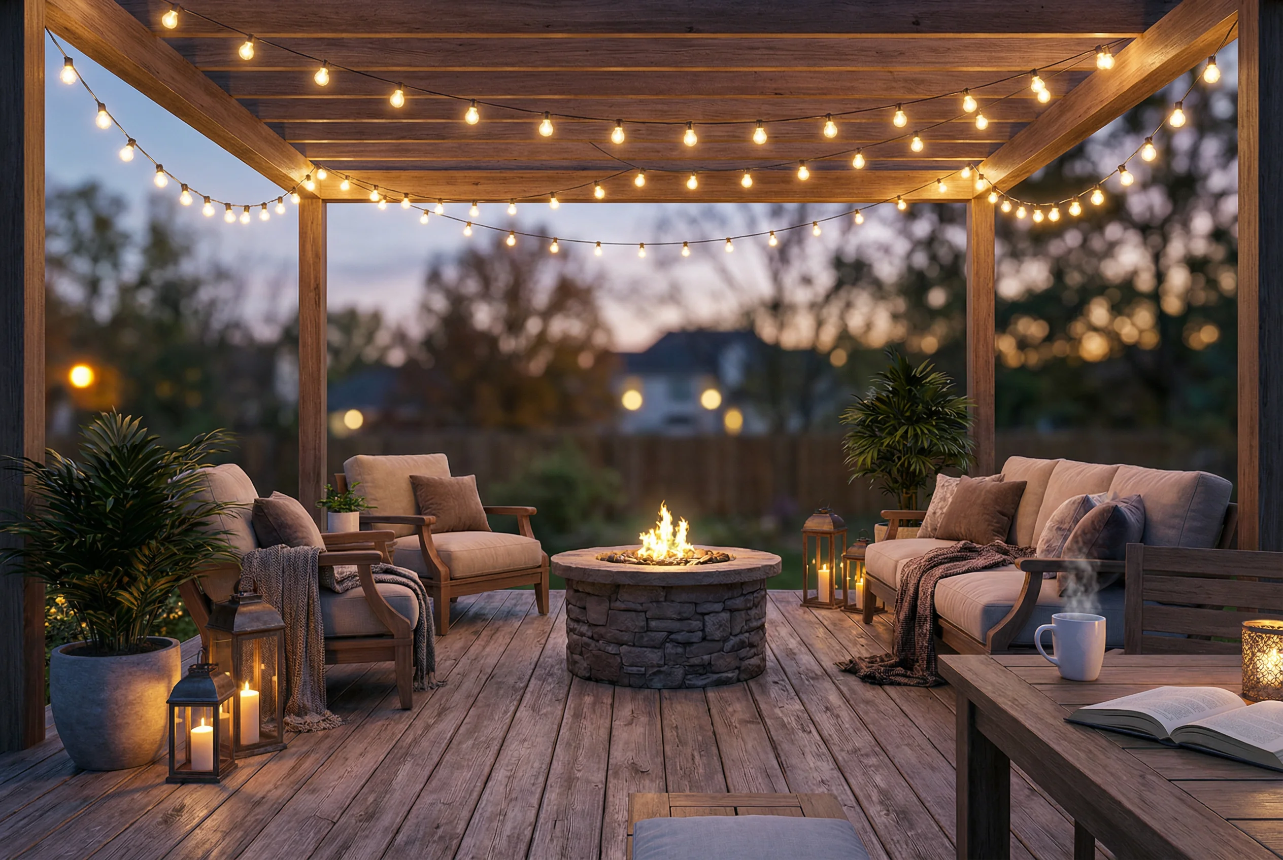 BRmesh smart string lights hanging over a patio deck creating warm ambiance
