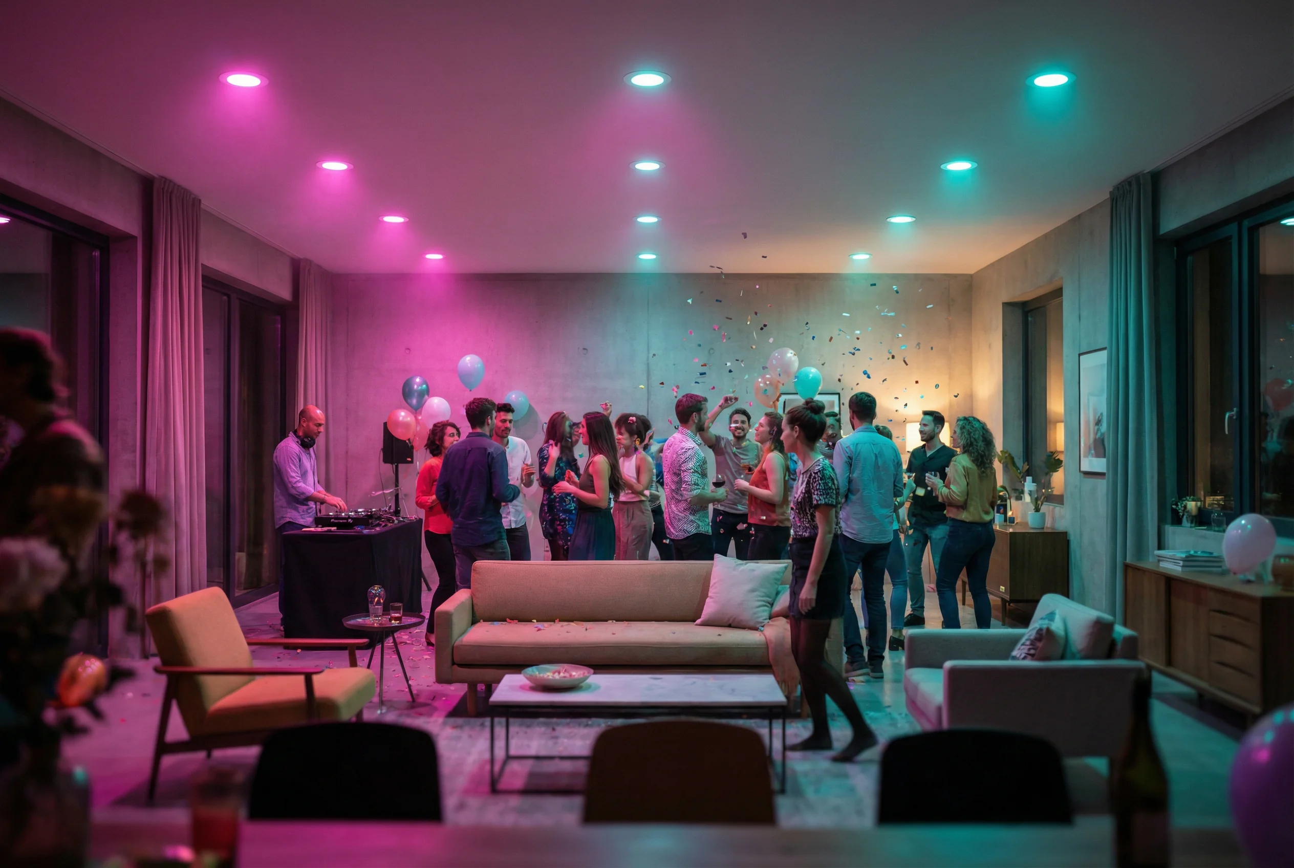 BRmesh smart recessed downlights in a living room syncing colors for a party mode
