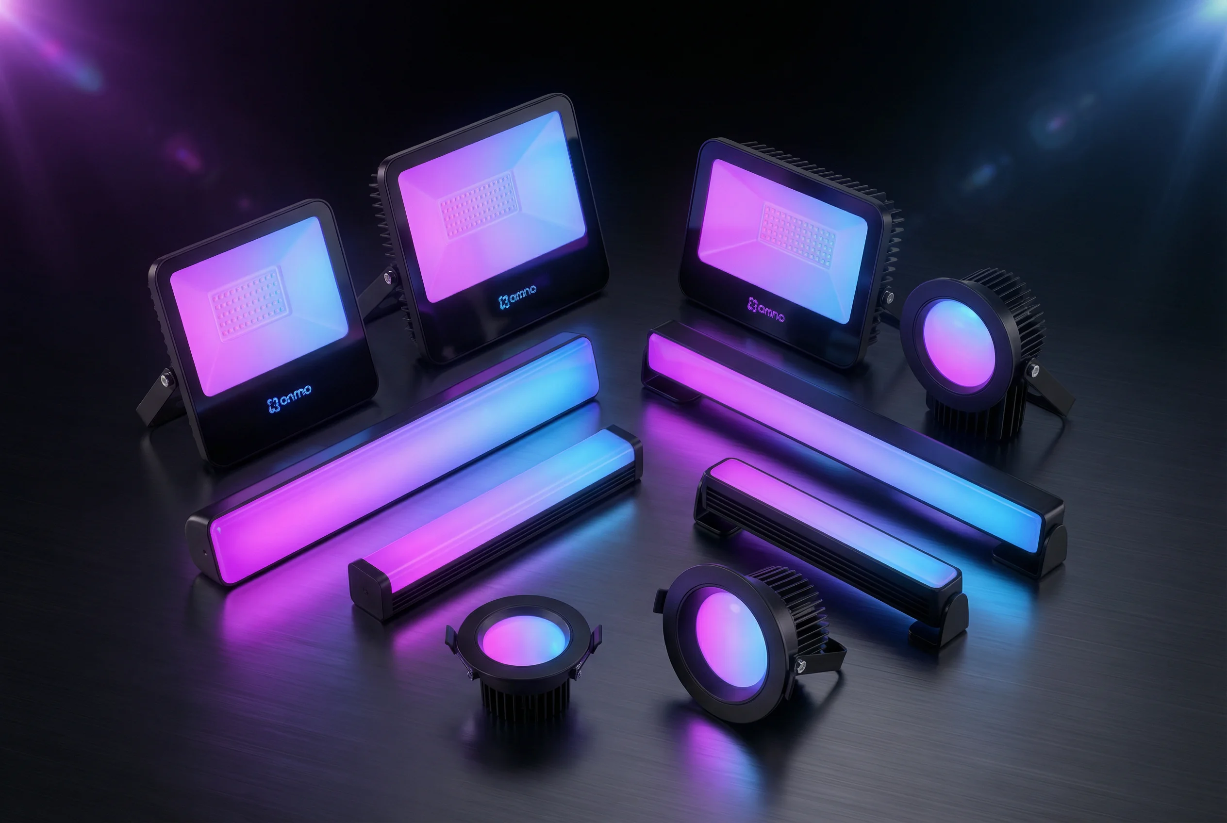 Collection of BRmesh smart lighting products including floodlights, light bars, and downlights glowing in vibrant colors