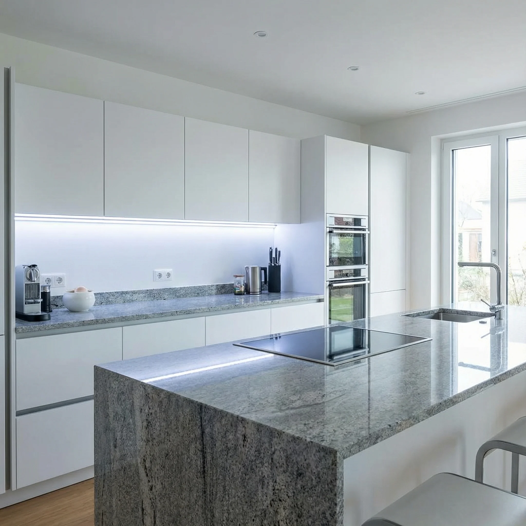 Modern kitchen with BRMesh under cabinet LED lights illuminating countertop