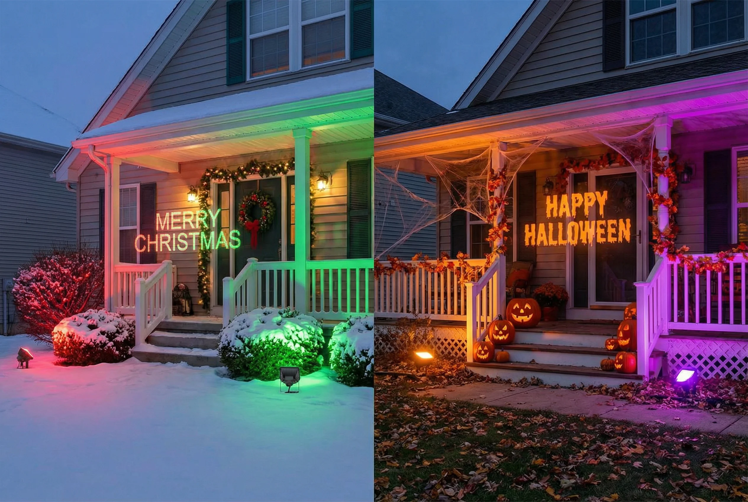 Outdoor holiday lighting decoration with BRMesh RGB flood lights for Christmas and Halloween