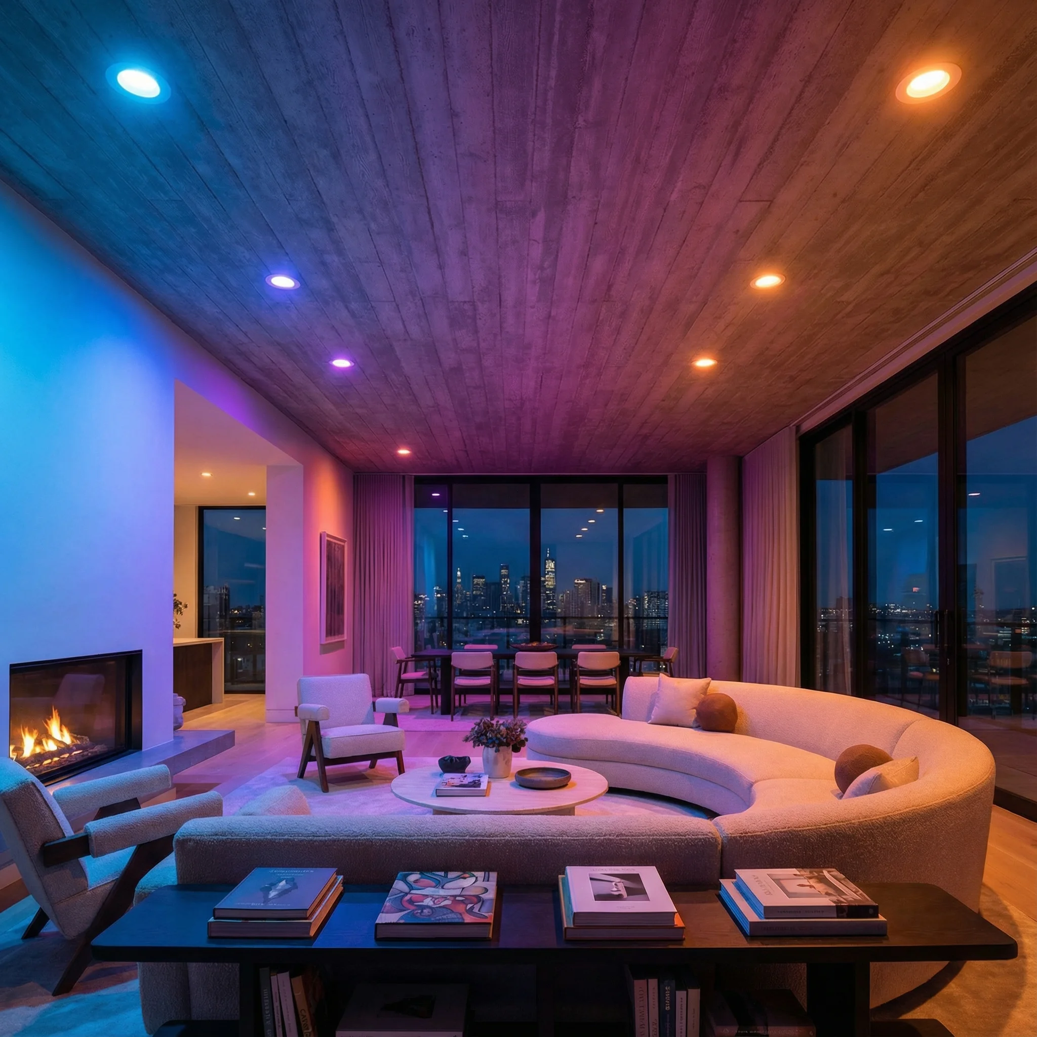 Living room with BRMesh ceiling downlights RGB ambient lighting