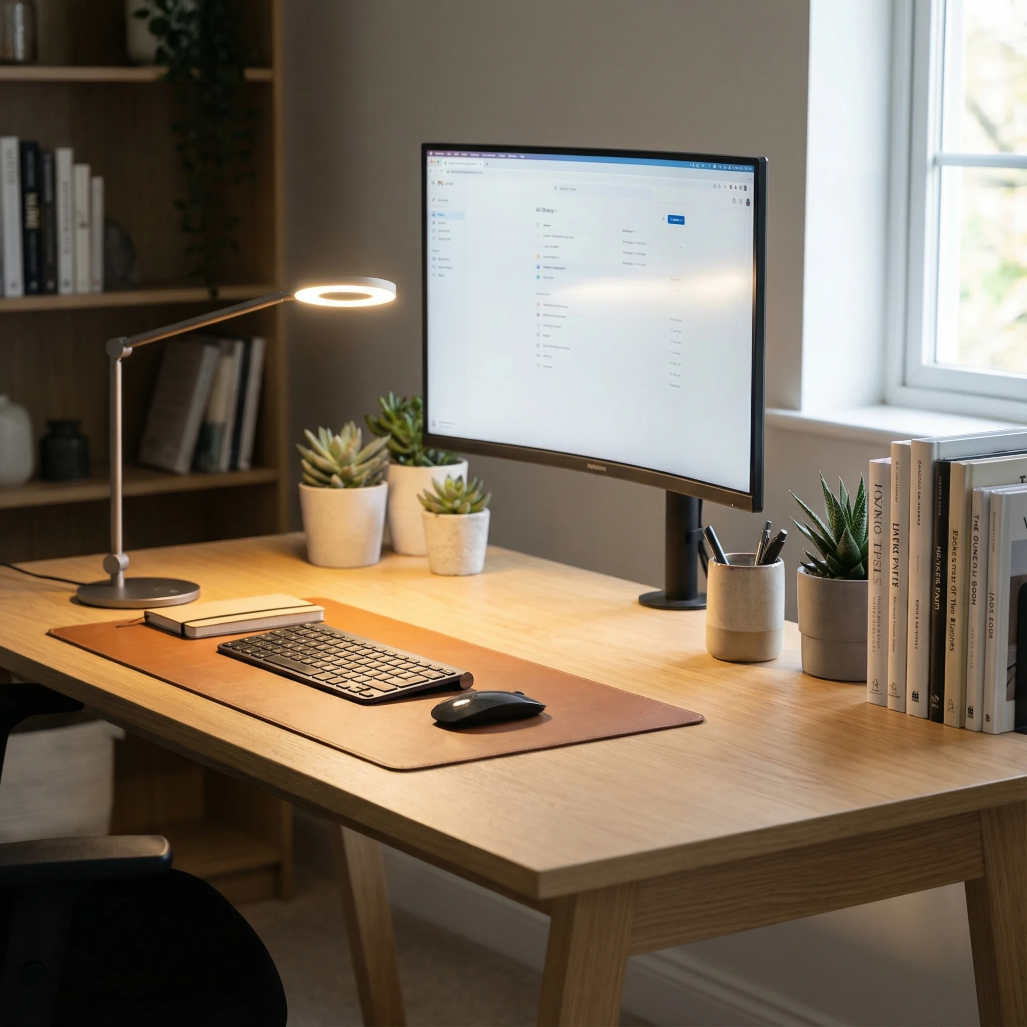 Home office workspace with BRMesh smart desk lamp for productivity